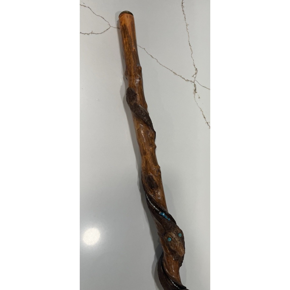 Hand Carved Wooden Walking Stick Spiral Cane with Turquoise Silver Inlay 51" - Picture 2 of 13